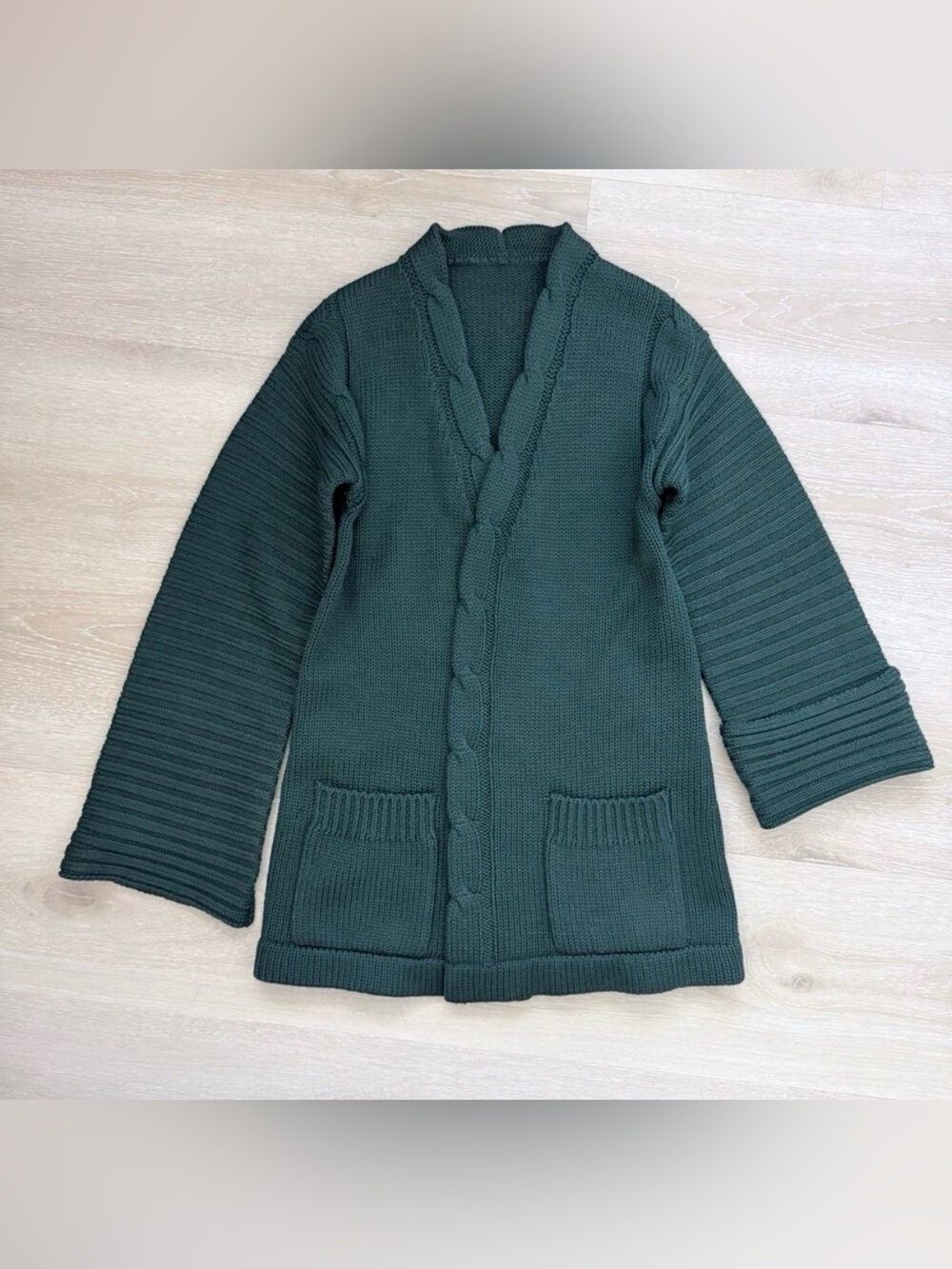 VTG Adrienne for SW1 Virgin Wool Longline Cardigan Quiet Luxury Inky Green 80s S